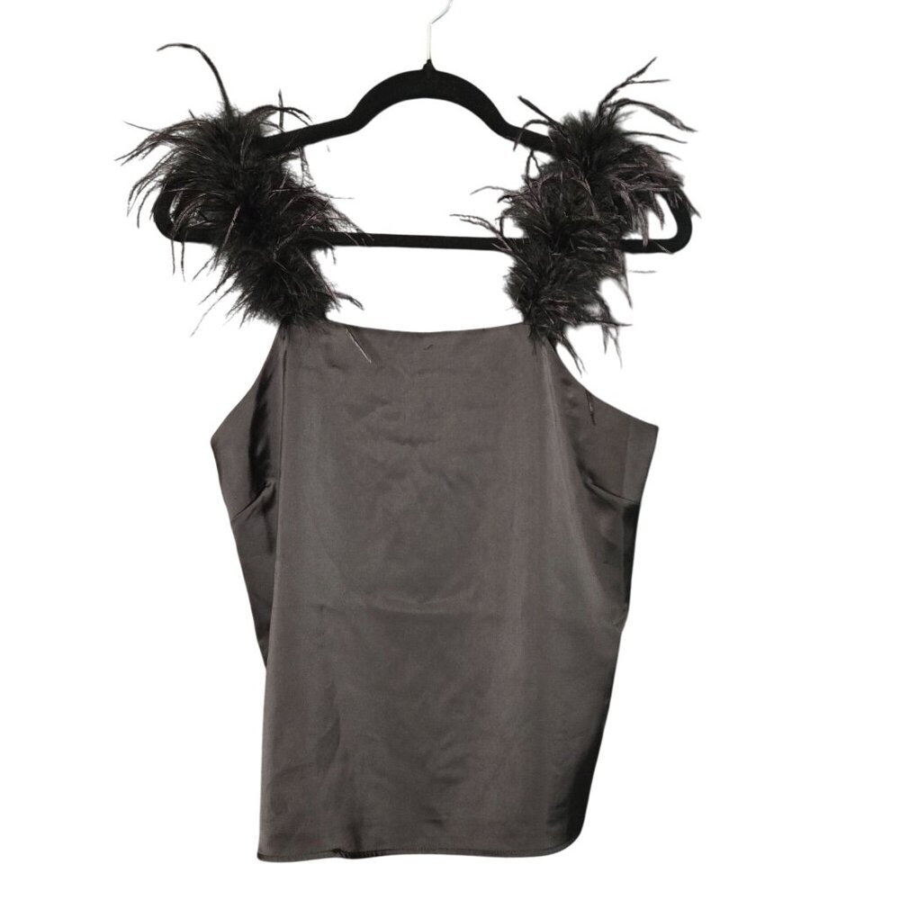 NWT Flaw Versona Women's M Satin Feather‎ Strap Sleeveless Top Tank Top Black